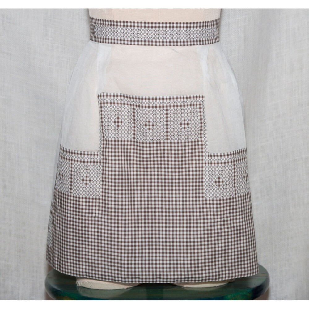 Vintage Handmade Brown White Checkered Embroidered Half-Apron 1960s